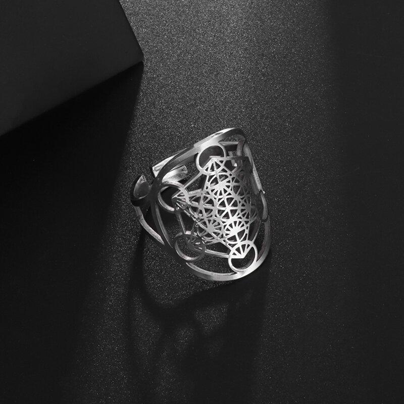 Stainless Steel Metatron Ring Adjustable Size Archangel Signet Lotus Flower Ring Solomon Geometry Supernatural Women Jewelry