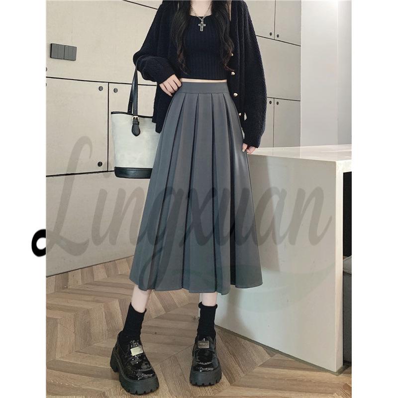 Chic Winter Wool Pleated A-Line Midi Skirt - Plus Size, Age-Reducing, Solid Color