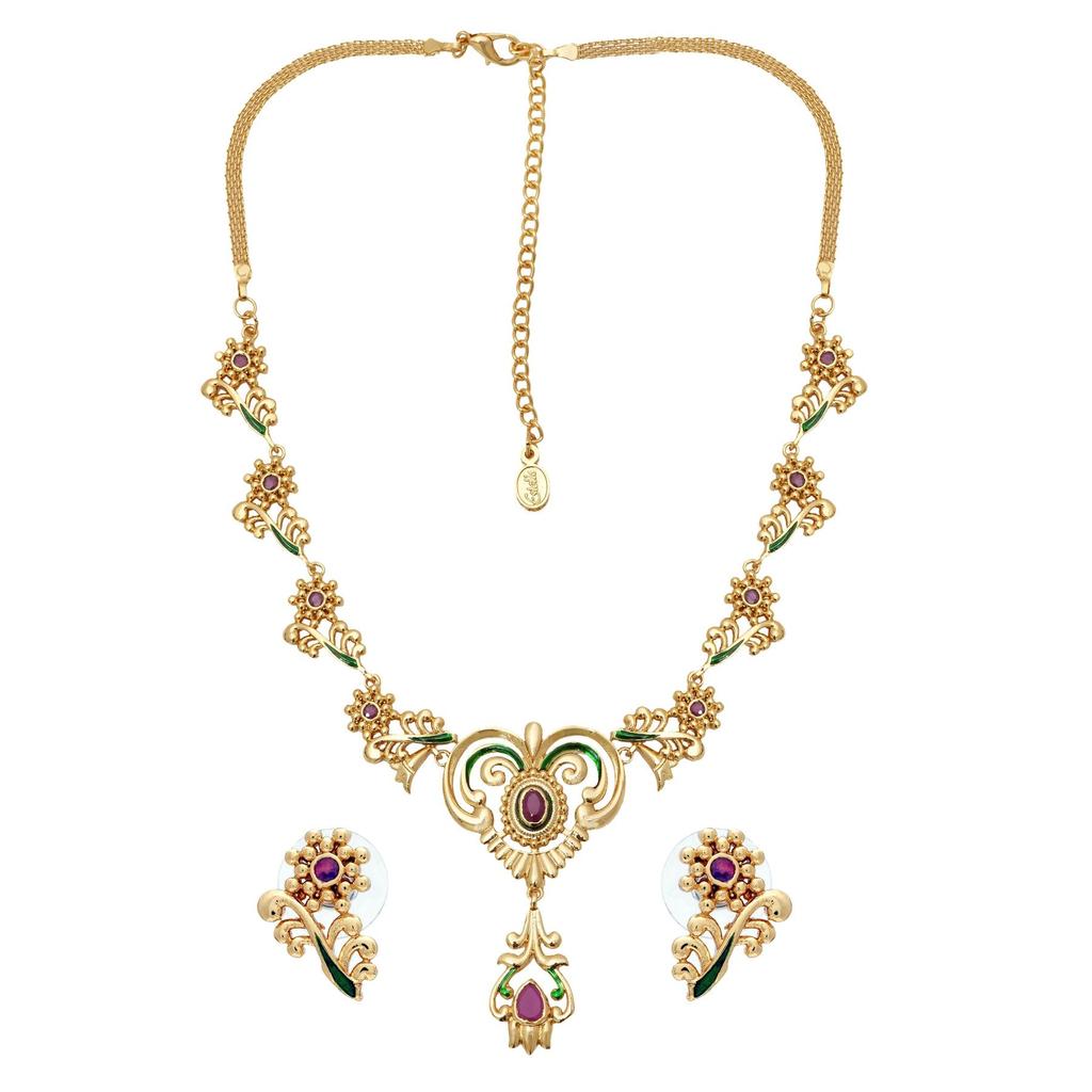 Traditional Peepal Gold Plated Ruby Enamel Women Necklace Set Estele For Women