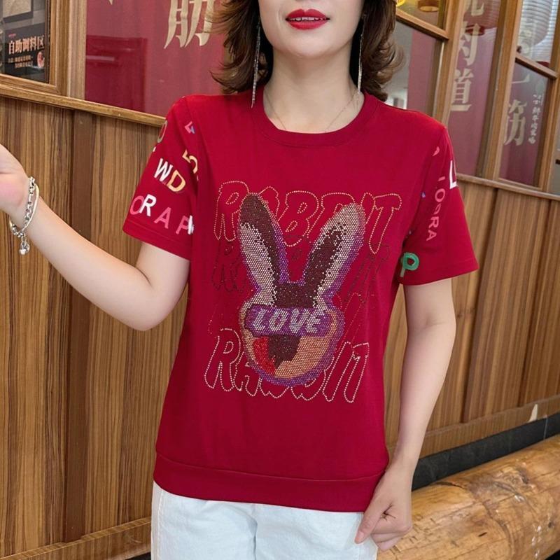 Summer Round Neck Short-sleeved T-shirt Women's Large Size Rhinestone Decorative Top