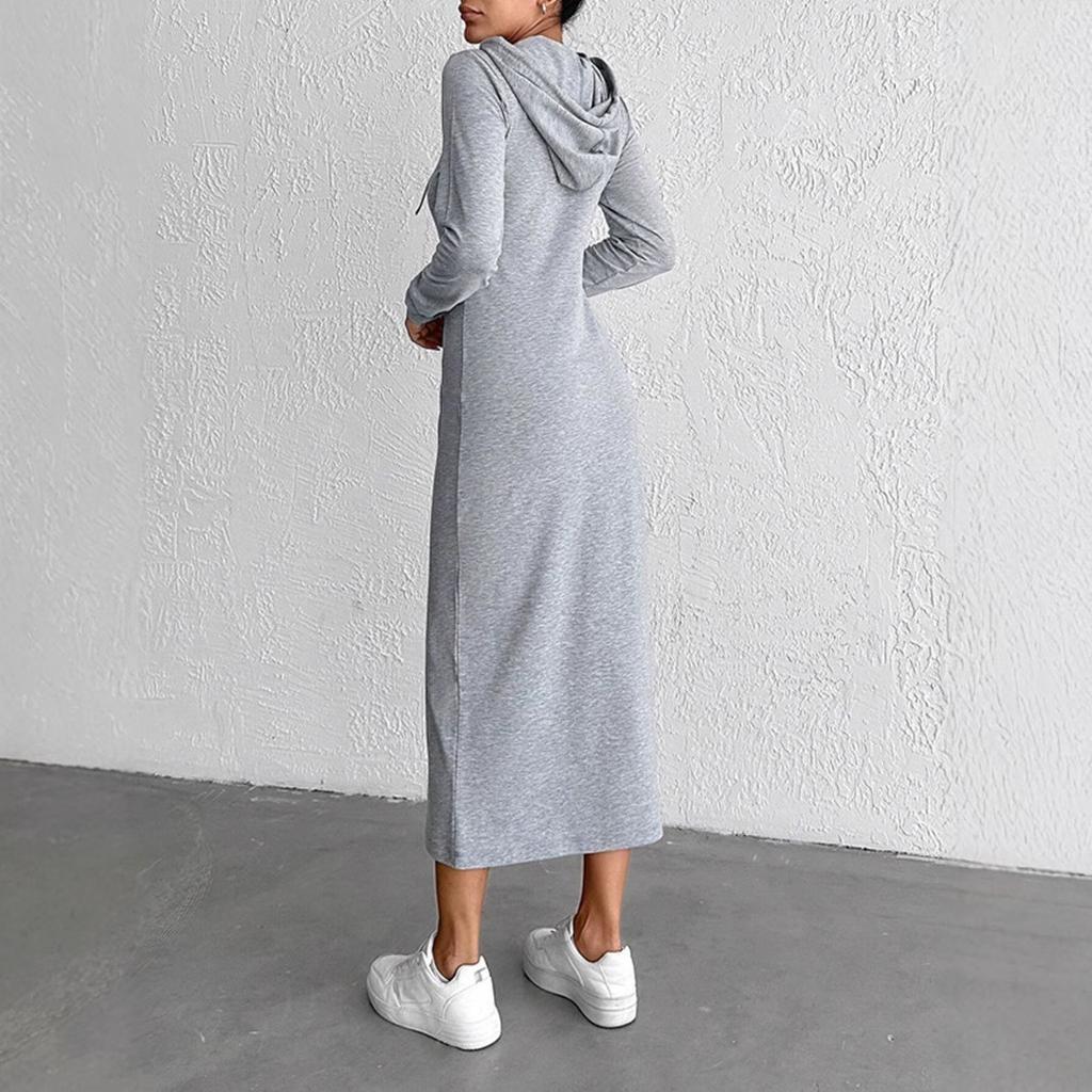 2025 Autumn Winter Solid Long Sleeve Maxi Dress for Women Clothing Elegant Skinny Elastic Gray Hooded Dresses Fashion Streetwear