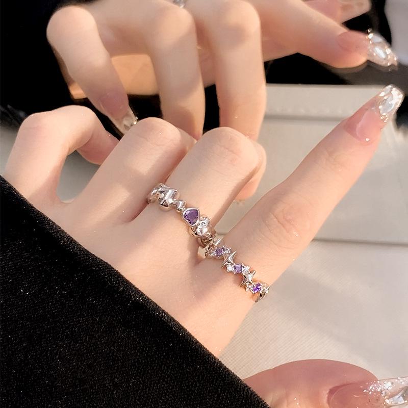 

Auspicious Purple Qi Diamond Heart Ring: Luxurious Adjustable Zircon Open Index Tail Ring for Women Adjustable