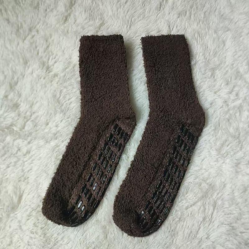 

Coral Fleece Men s Socks - Non-shedding, Thick Winter Socks with Half Fleece, Pure Color, Adhesive Dots, Home Wear, Warm Mid-calf Socks 1 pair кавовий