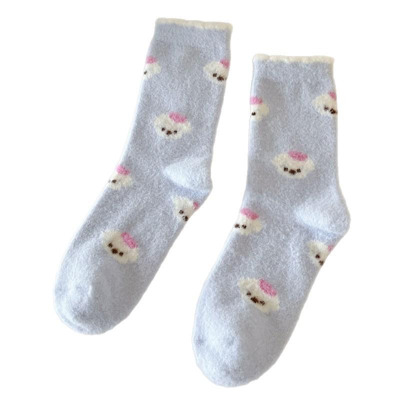 Plush Socks Thickened Warm Tube Socks Blue Home Sleeping Socks Cute Puppy Cartoon Confinement Socks