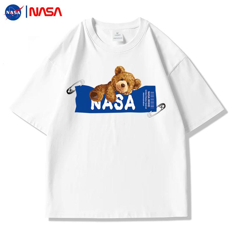 Men's NASA Co-branded Bear Print Crew Neck Cotton T-Shirt - Short Sleeve, Casual Streetwear, Plus Size Available