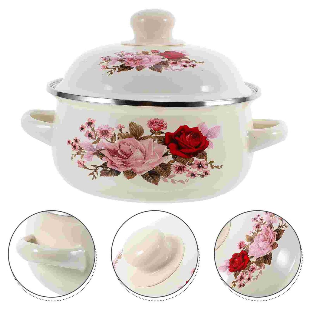 Enamel Soup Pot Stock Stew Chinese Bowls with Lid Ramen Kitchen Stockpot Pans for Cooking Cute