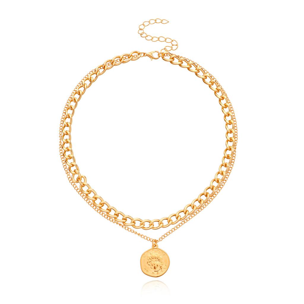 Round geometric queen head pendant necklace female, fashionable and simple temperament double-layer necklace