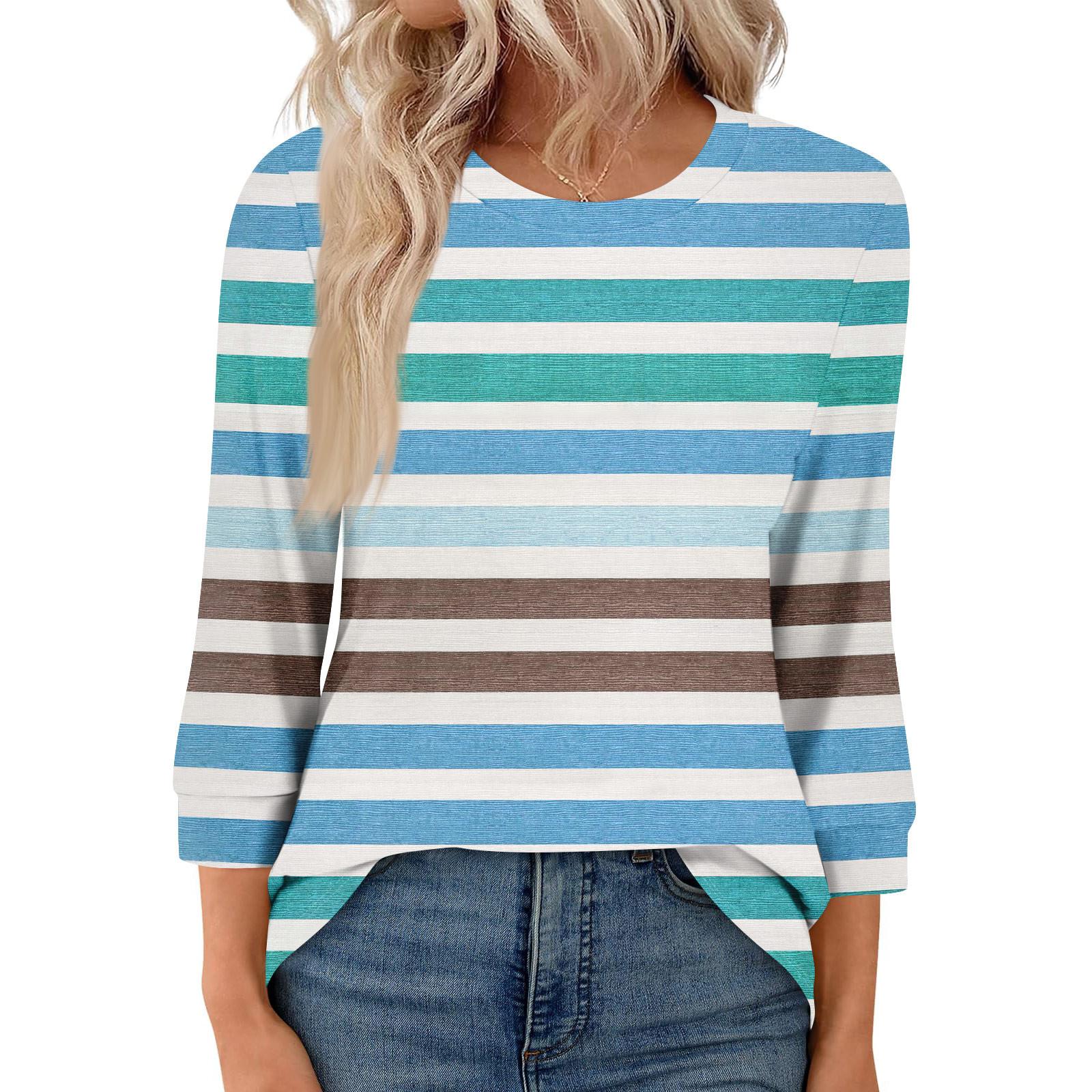 

Женская модная повседневная футболка с рукавом семь восьмых и принтом, топ с круглым вырезом S синий