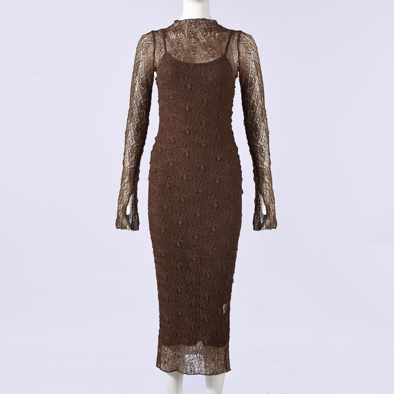 

Special for Summer New Products, Sexy Slim Lace Perspective Long-sleeved Dress for Women L коричневий