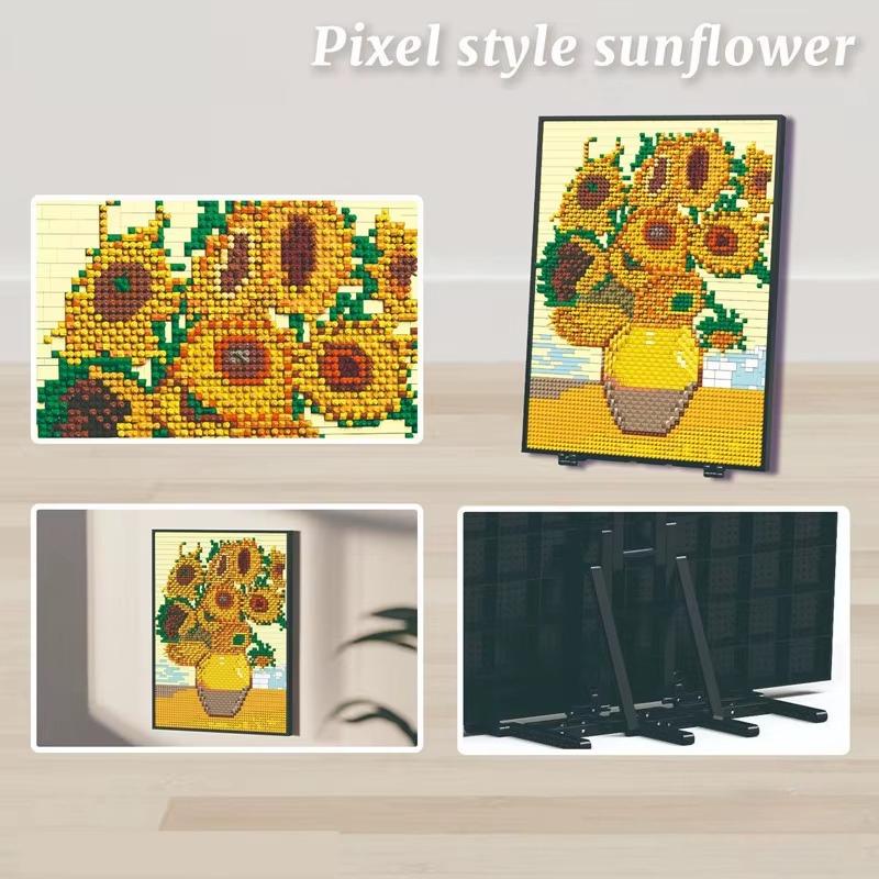 World Famous Creative Moc Sunflower View Series Plant Building Block Oil Painting Yellow Flowers Brick Model Toy