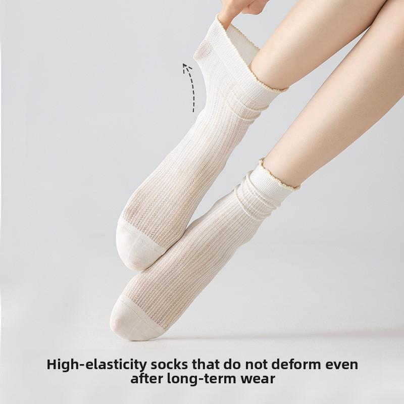 Summer Lightweight Socks - Perforated Mesh Cotton Socks with Breathable Lace and Layered Stockings - Solid-colored Hundred-layer Mid-calf Socks