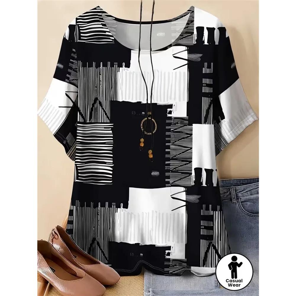 Women's Versatile Striped Printed Top Short Sleeve Casual Loose T-Shirts Women’s