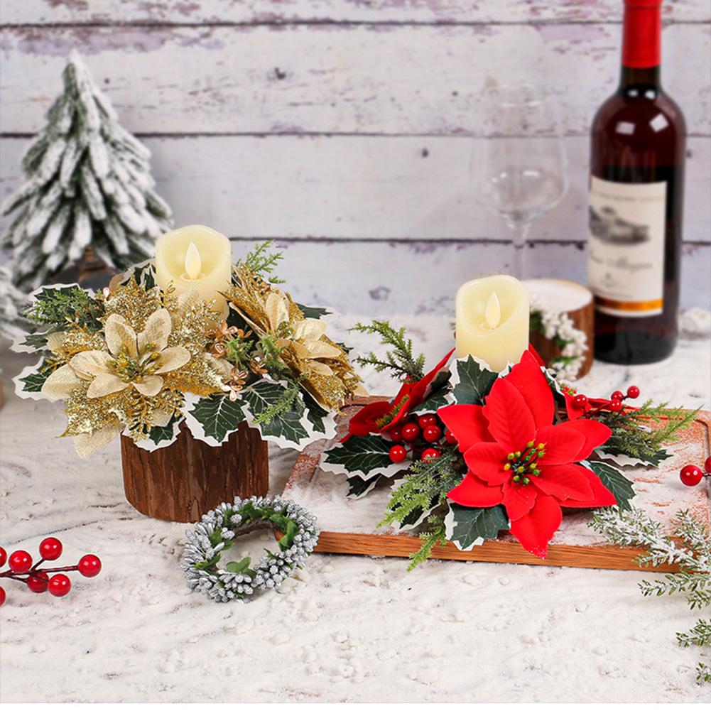 2 Pcs Christmas Candle Rings Candle Wreaths Poinsettia Holly Leaves Berries Decor