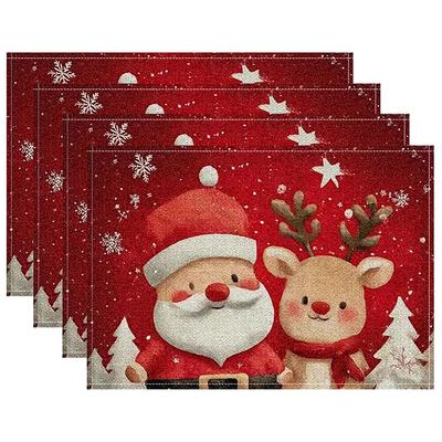 Cartoon Santa Reindeer Printed Placemats Heat Resistant Xmas Family Dinner Indoor Holiday Party Winter Table Decor Gifts