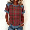 Women Denim Collar Patchwork Stitching Sweatshirt Casual  Printed Pullover Short Sleeve Shirts