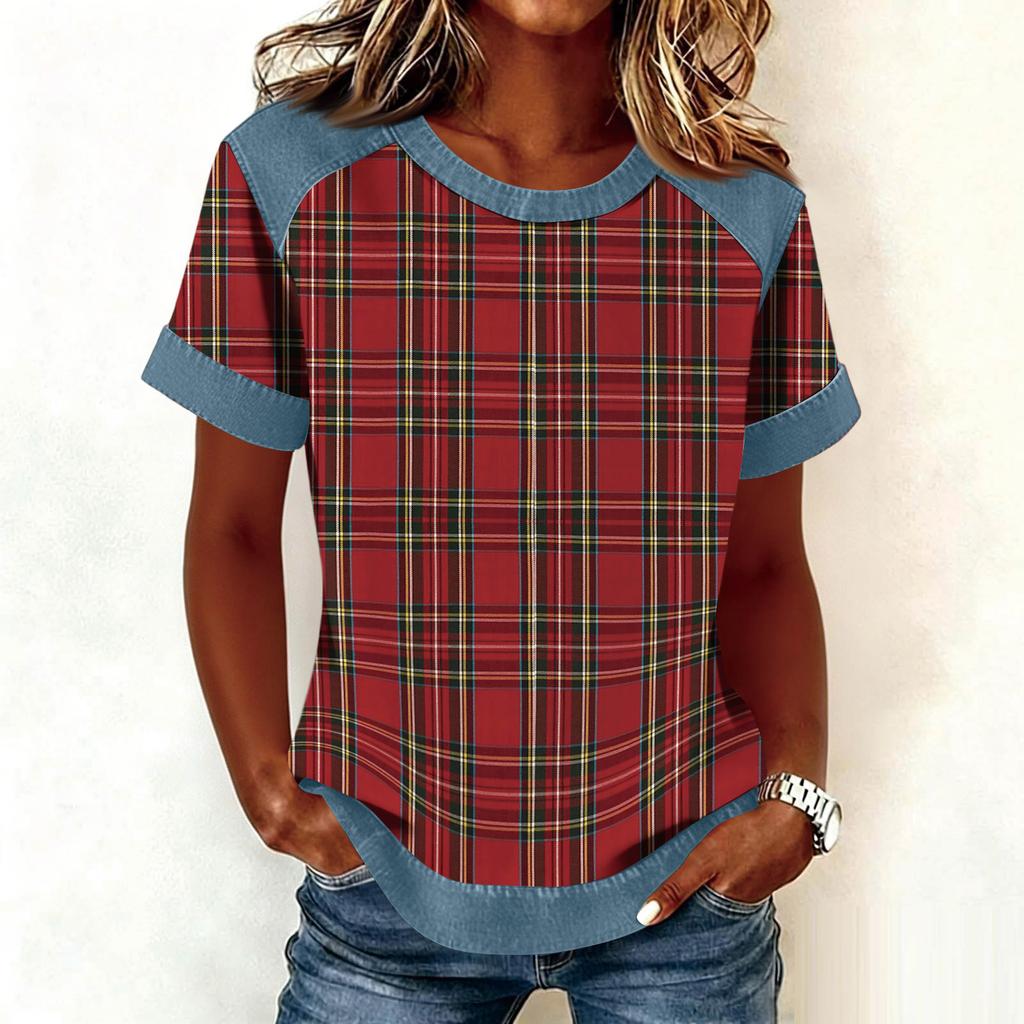 Women Denim Collar Patchwork Stitching Sweatshirt Casual  Printed Pullover Short Sleeve Shirts