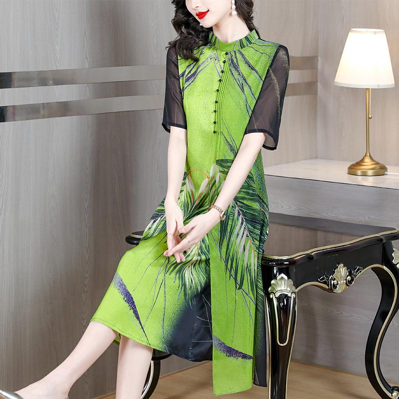 Women's Summer New Vintage Satin A-line Dress Loose Large Size Lady Dresses