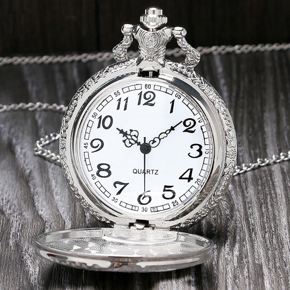 Vintage Steam Train Antique Chain Quartz Pocket Watch Round Skeleton Case Roman Numerals Locomotive Pendant