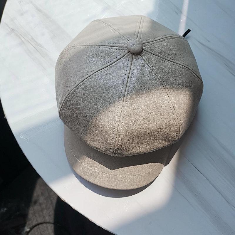 

Black Internet celebrity pu leather octagonal hat duck tongue British tide autumn and winter retro versatile leather hat beret M (adjustable 54-57cm) improved stand-up version