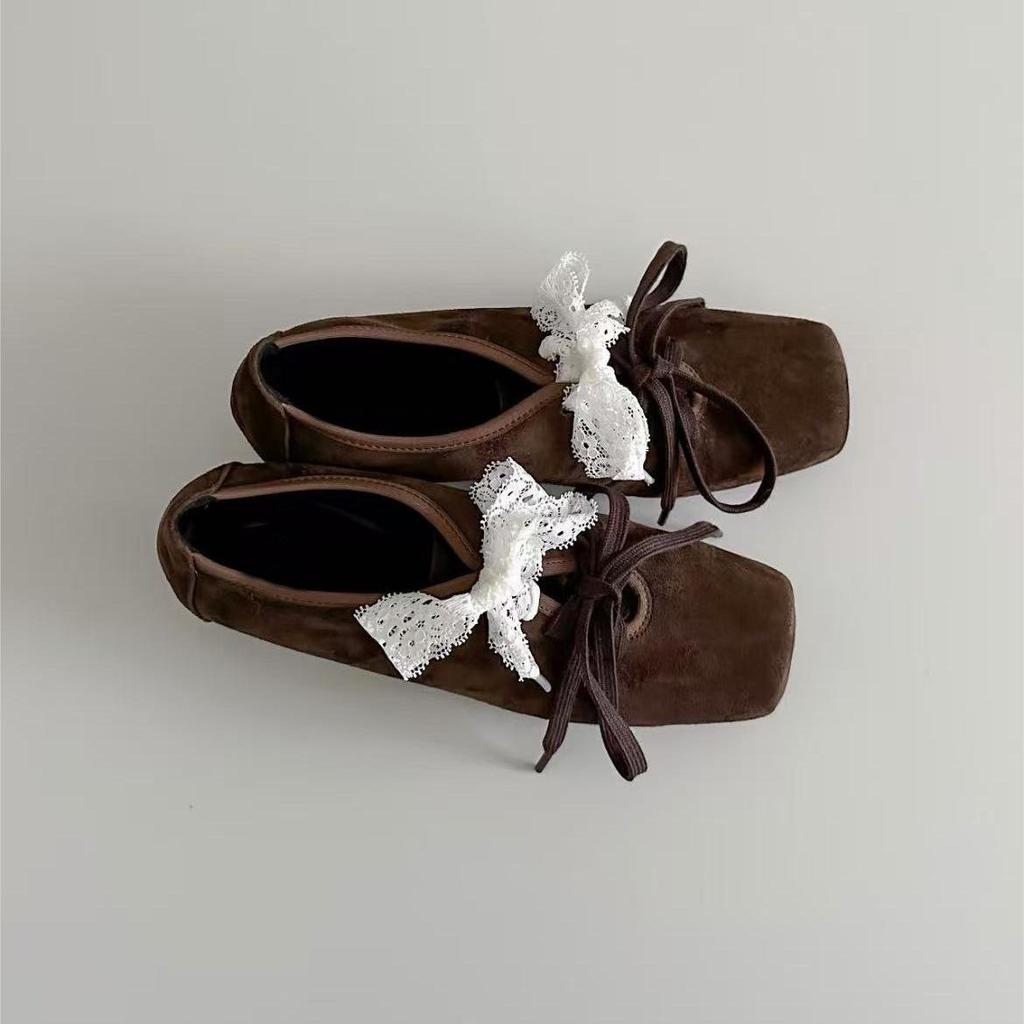 Lammfell Schnür-Mary Janes Kleine Lederschuhe Damen Quadratische Zehenpartie Dicker Absatz Schnür-Ballerinas Leder-Loafer