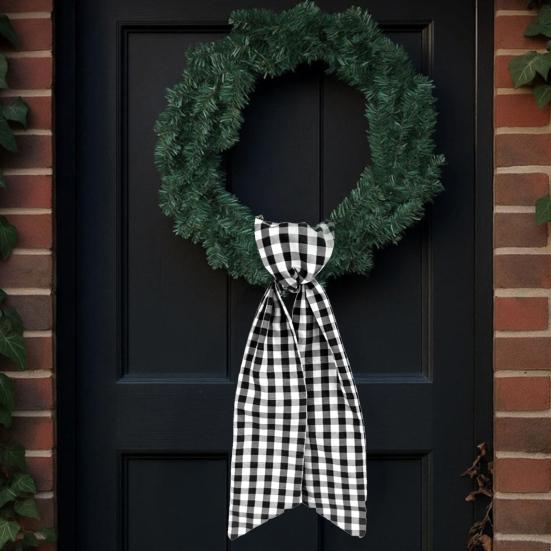 2Pcs Christmas Wreath Sash Plaid Print Garland Accessories Home Wedding Birthday Wreath Bow Indoor Outdoor