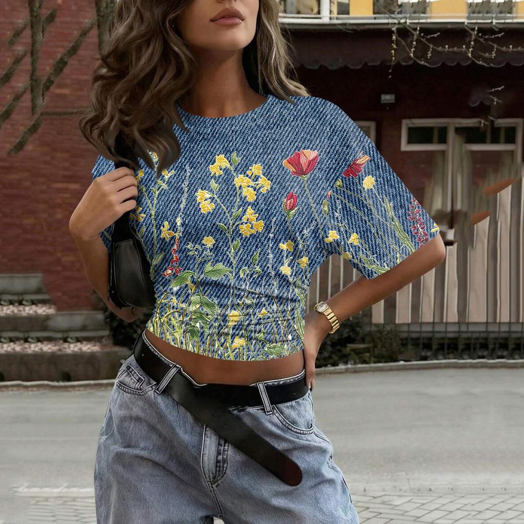 Women's Crew Neck Pullover Short Sleeve T-Shirt Floral Print Loose Fit Casual Top for Everyday Wear