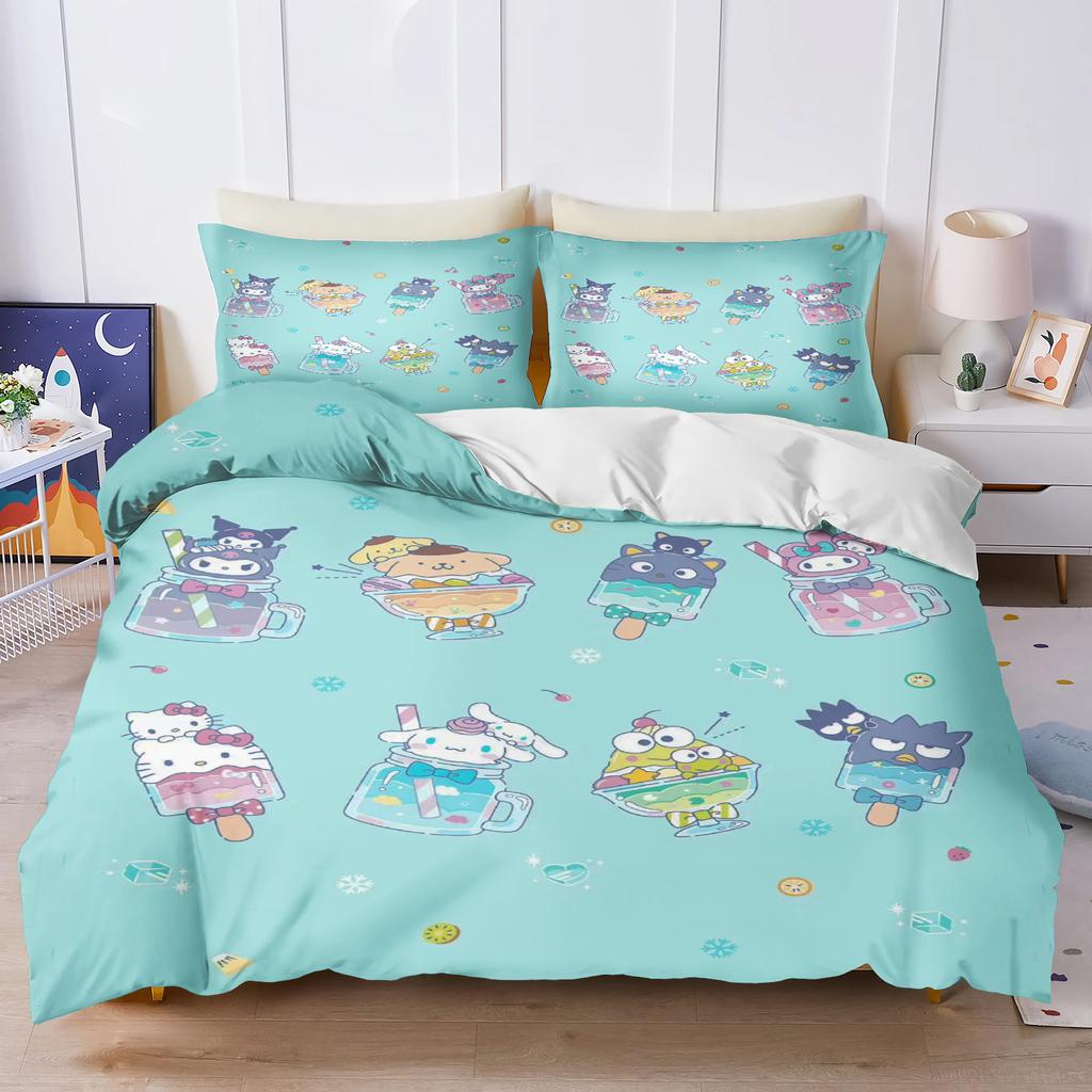 Sanrio My Melody Kuromi Pochacco Anime Bettbezug-Set Comforte Bedruckte Cartoon-Bettwäsche-Sets für Doppelbetten Weihnachtsgeschenke 3-teilig