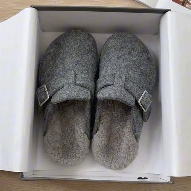 Kidmi Women's Slippers Comfortable and Versatile Outdoor Shoes Winter New Grey Leather Shearling Closed-toe Felt Soft Mules