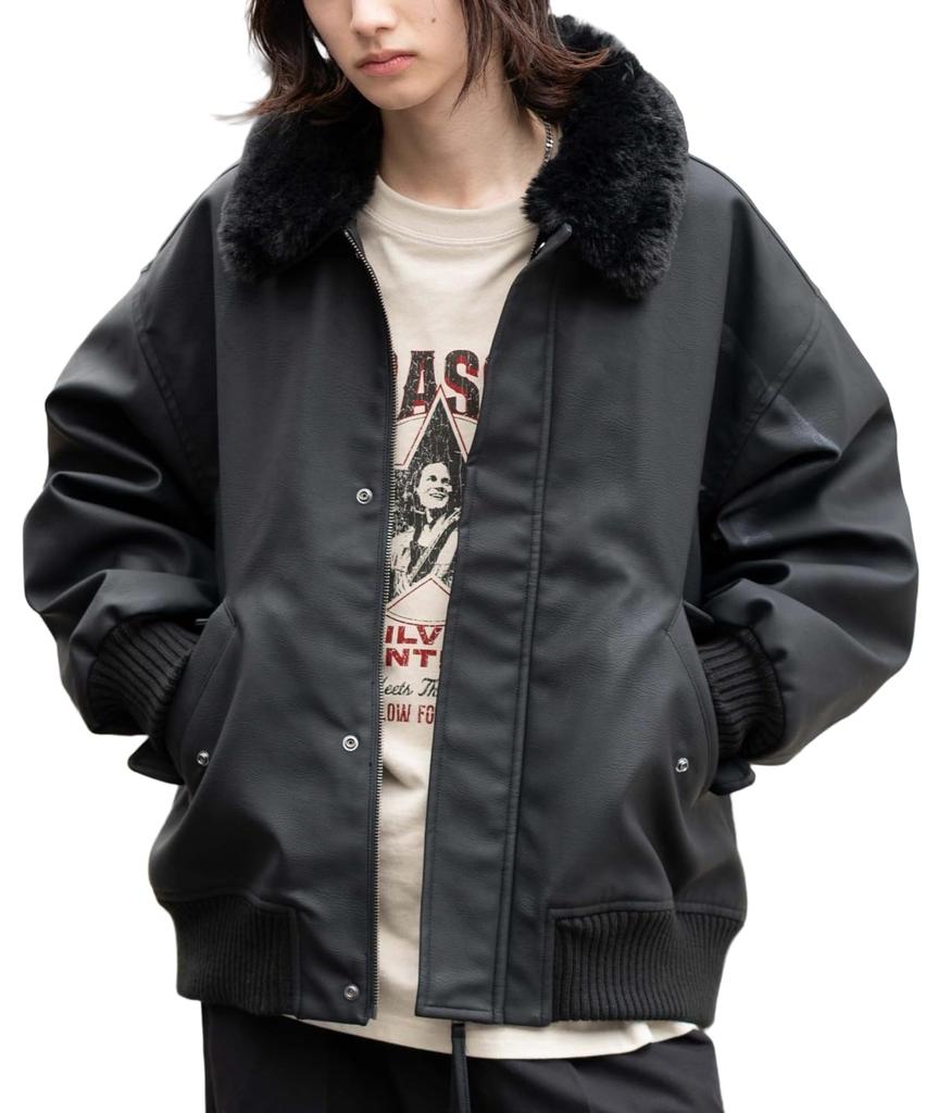 WEGO Unisex PU Flight Blouson Outerwear Cold Weather Korean Oversized Size Black 2-Way Jacket, Clothing, Fall/Winter Clothes, Style, Silhouette, Gift,