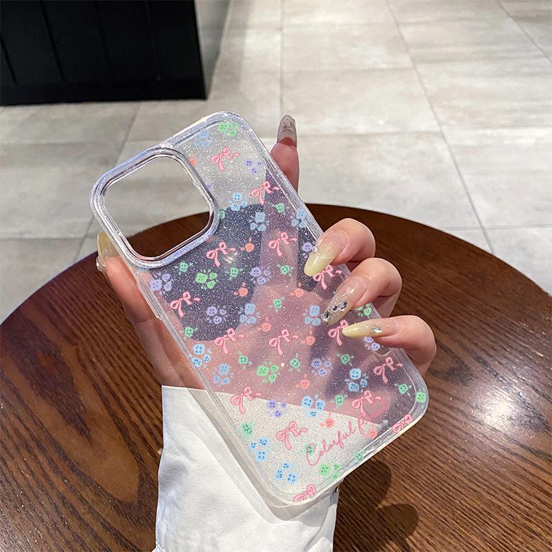 ins wind color flower bow girl heart glitter apple 15promax mobile phone case acrylic protective case