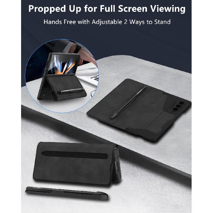 for Samsung Galaxy Z Fold 4 Case [with S Pen Holder & Card Holder][Kickstand for Full Screen Viewing][Wireless Charging Protective Cover] Slim PU
