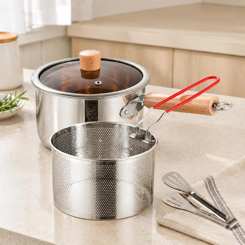 Round Deep-Frying Pot with Formed Body, Perforated Draining Basket, and Food Tongs for Handling Kitchen Recipes from Cooking Through Serving
