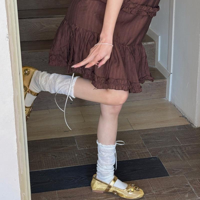 Female Bow-shaped Bubble Socks with Pile-up Feet, Children's Fresh-colored Mid-calf Socks