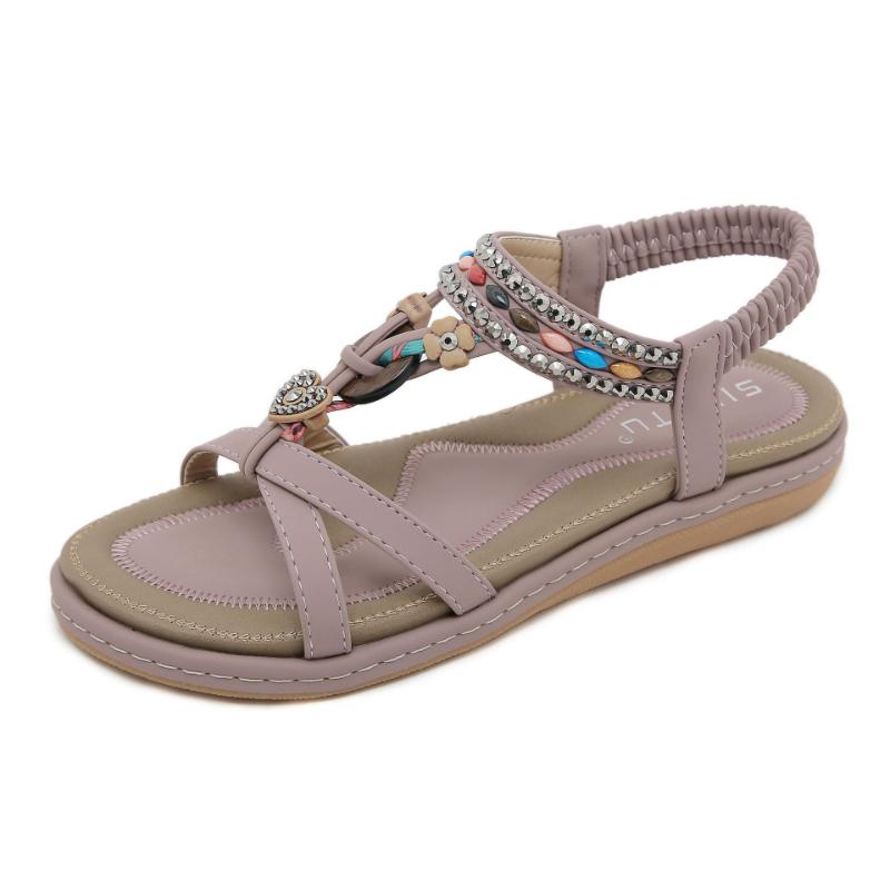 Fashion Summer Rhinestone Casual Beach Flat Sandals For Women Comfort And Versatile Ethnic Style Bohemian Retro Beaded Elastic Band