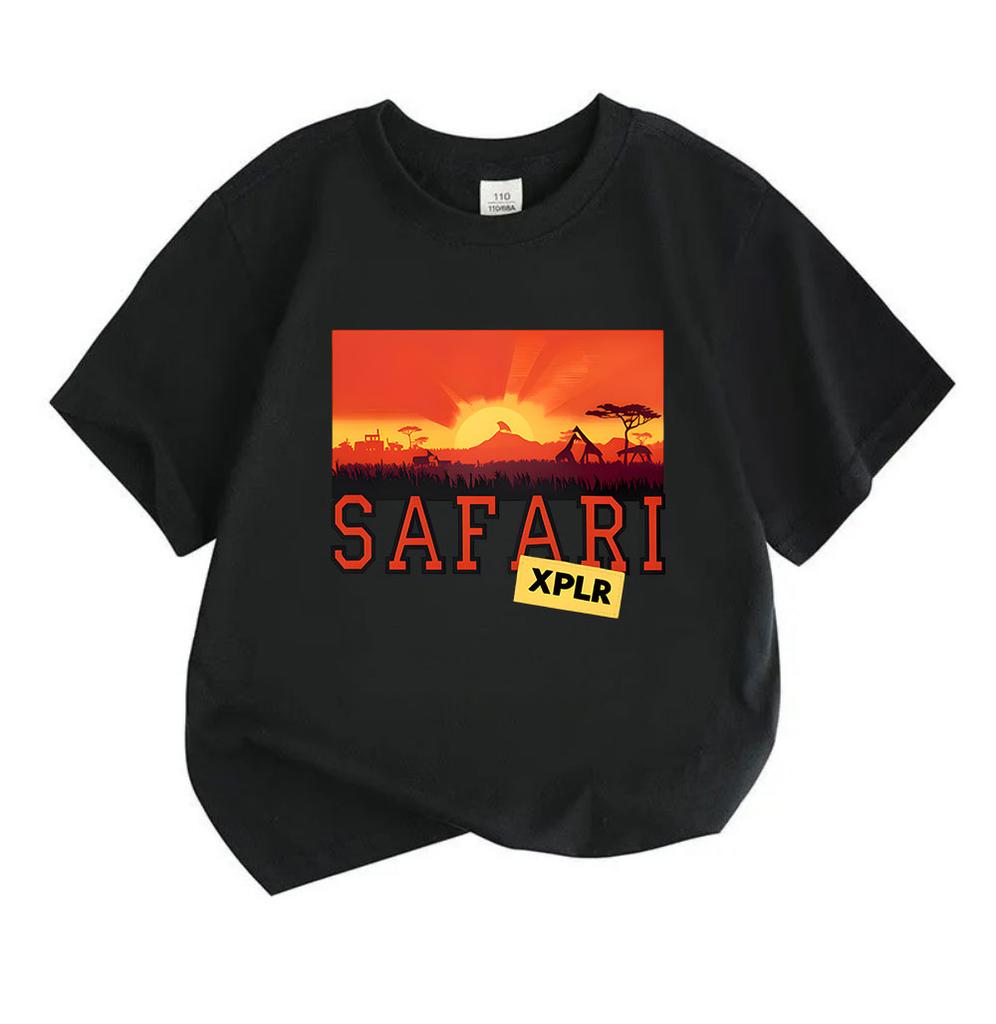 Kids Boys Girls Crew Neck Short Sleeve 100% Cotton T-Shirt, African Safari Savannah Sunset Graphic Casual Tees for Children Summer Soft Breathable Top