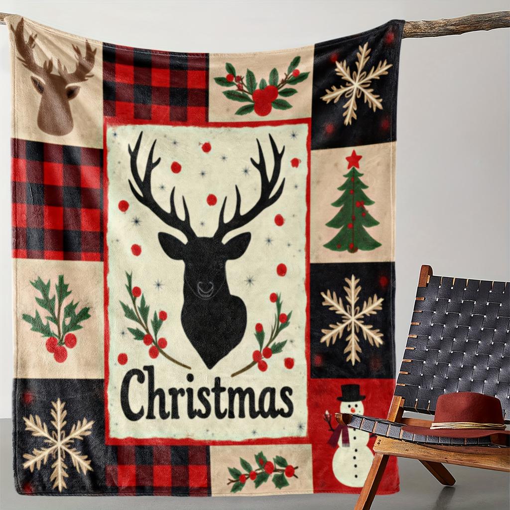 1pc Flannel Blanket, Christmas Reindeer Print Throw, Warm and Soft for Sofa, Bed, Car, Office, Camping & Travel, All-Season Gift