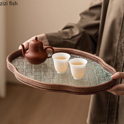 Vintage Glass Bamboo Tea Tray Fruit Dim Sum Tray Cake Tray Crabapple Flower Glass Storage Trays Household Storage Container