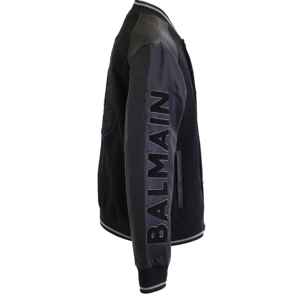 BALMAIN [Excellent Condition] 331025 Wool and Leather Switch Logo Stadium Jacket/ Jacket 54 blackUsed