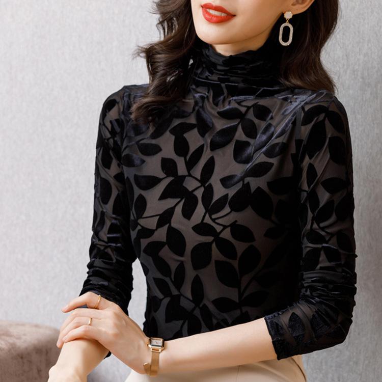 Herbst und Winter Trendy Korean Style Rollkragen Samt Mesh Base Shirt für Damen Langarm T-Shirt Unterwäsche Schlankes und vielseitiges Top