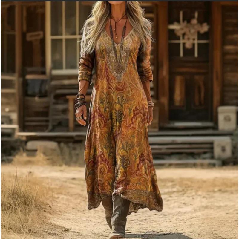 Creative Tie-dye Printing Women's New V-neck Long-sleeved Dress Medium and Long Dress