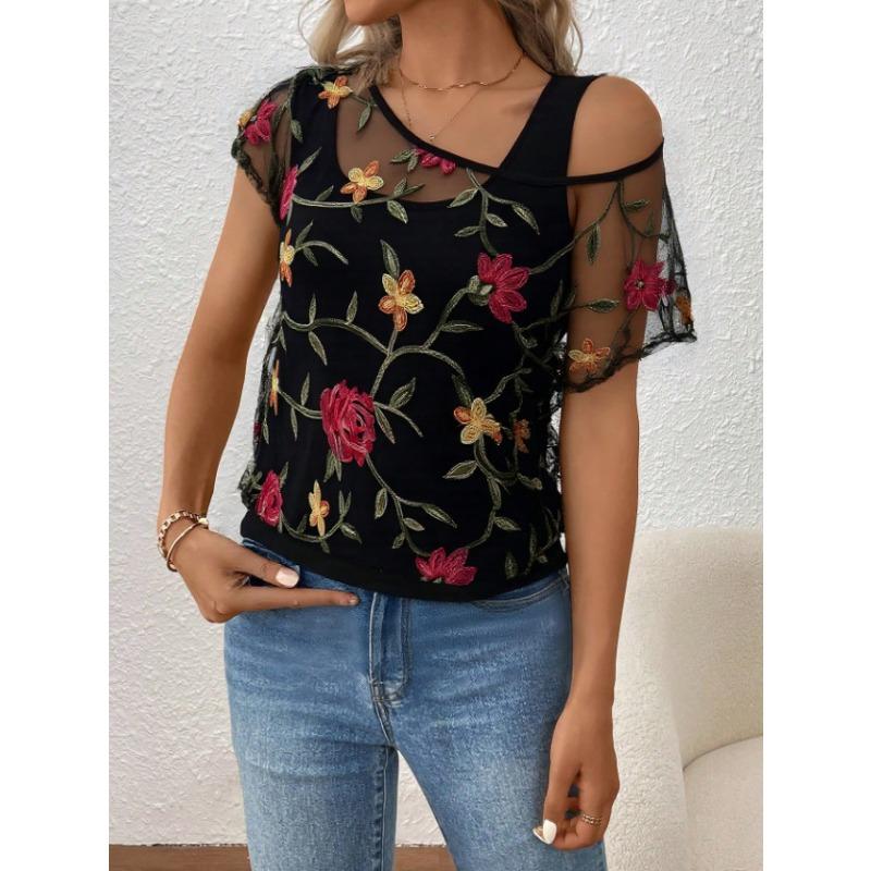 

Летние повседневные кружевные футболки с круглым вырезом и короткими рукавами, женские, с эффектом двойки XL