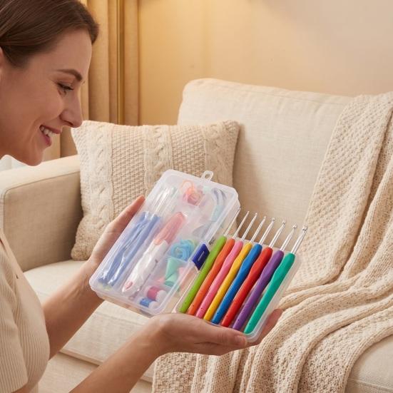 Crochet Hooks Set for Beginners Metal Set, Includes Yarn Needles Stitch Markers Tape Measure, with Essentials Projects Storage Case, Soft Rubber