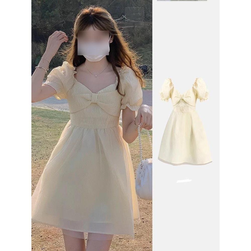 

Yellow Milk Puff Sleeve Square Neck Summer Dress for Women - Niche Petite Casual Princess Style Small