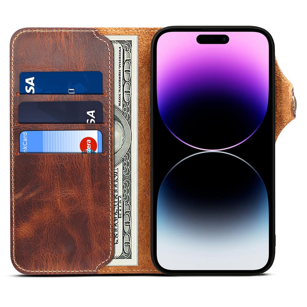 Wallet Phone Shell for iPhone 14 Pro Case Waxy Genuine Cow Leather Cover with Card Slot