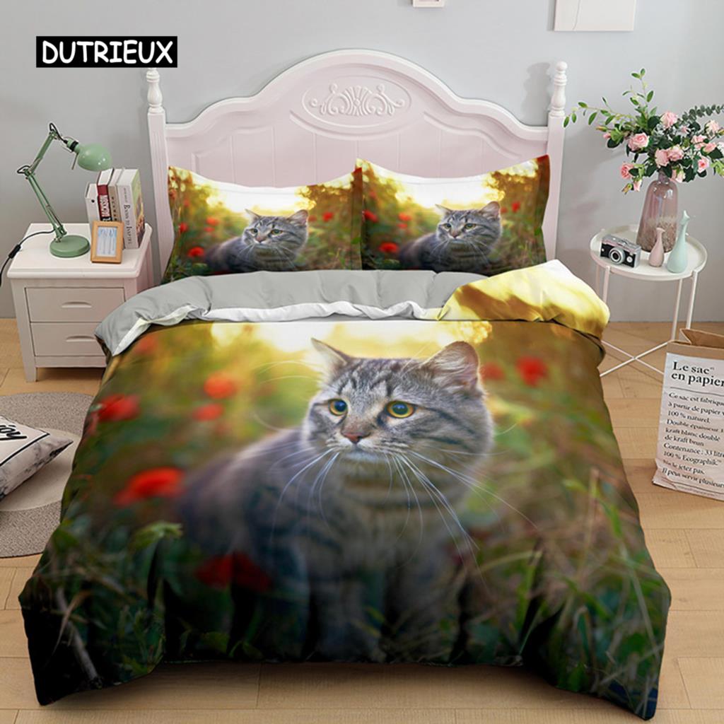 Cat Flowers King Queen Duvet Cover 3D Pet Kitty Floral Bedding Set Teens Adult Yellow Chrysanthemum 2/3pcs Polyester Quilt Cover