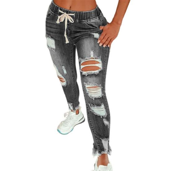 Fashion Women Elastic Drawstring Holes Long Jeans Trouser Dating Streetwear