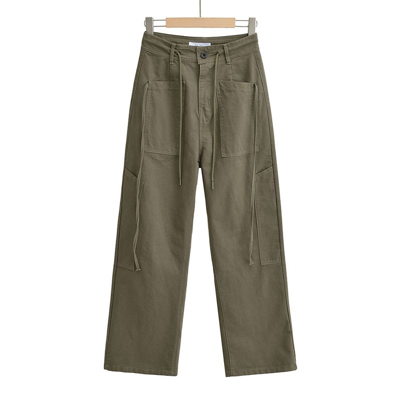 American Retro Multi-Pocket Ribbon Straight-leg Workwear Pants Women's Summer Stylish Loose High Waist Casual Pants Niche Style
