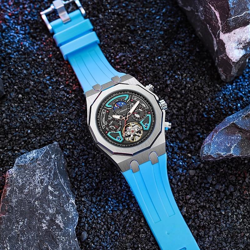 Automatic Men's Mechanical Watch for Sports 30M Water Resistant Stainless Steel Band Moon Phase Fluorescent Pointer Dial