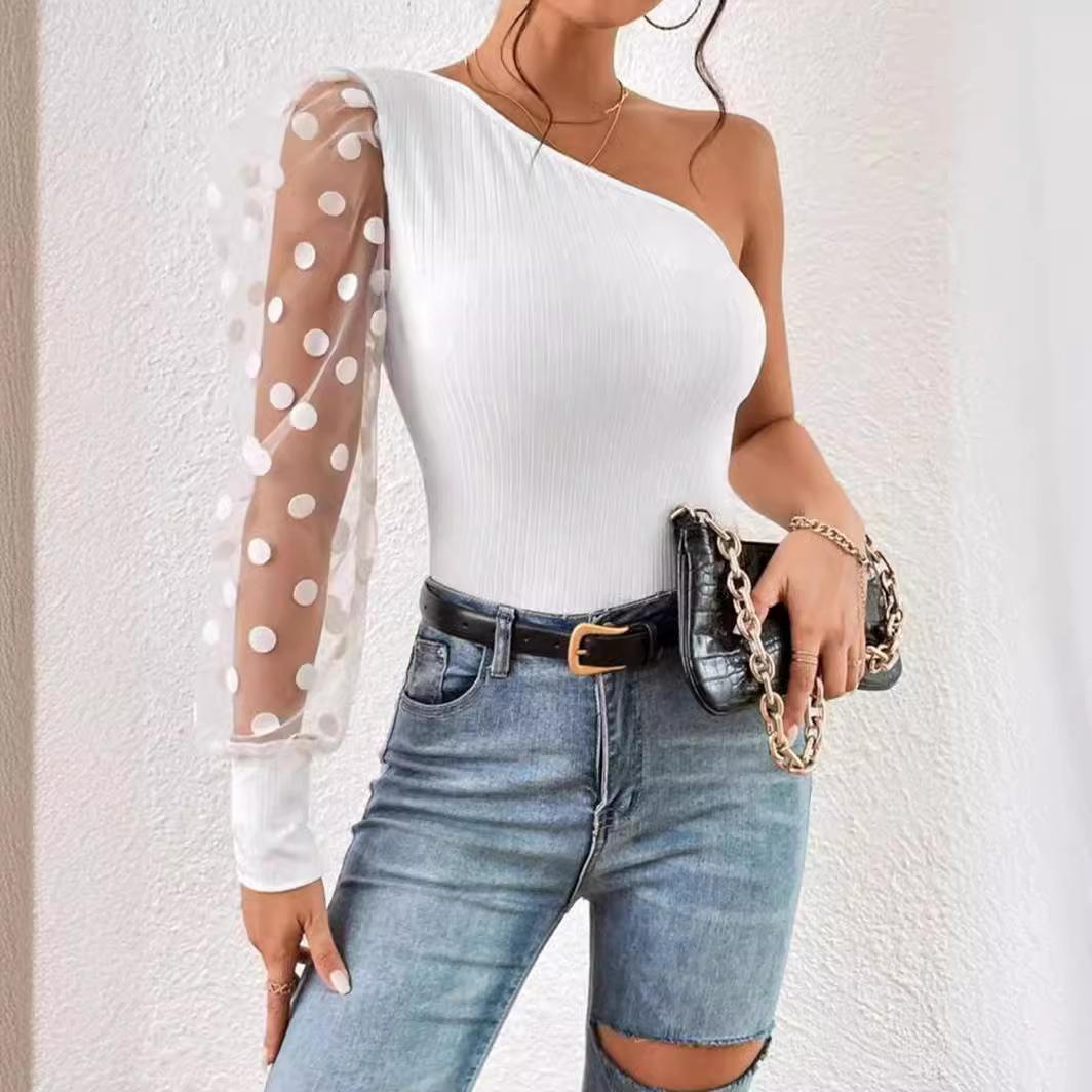 

Women s New Off-shoulder Single-sleeved Polka Dot Mesh Long Sleeve Waist-hugging Slimming Women s Top T S зелений