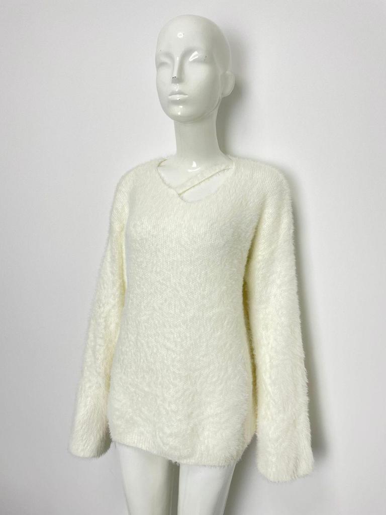 2025 Hollow V-Neck Faux Mink Velvet Sweater: Soft Knit Women's Solid Color Top